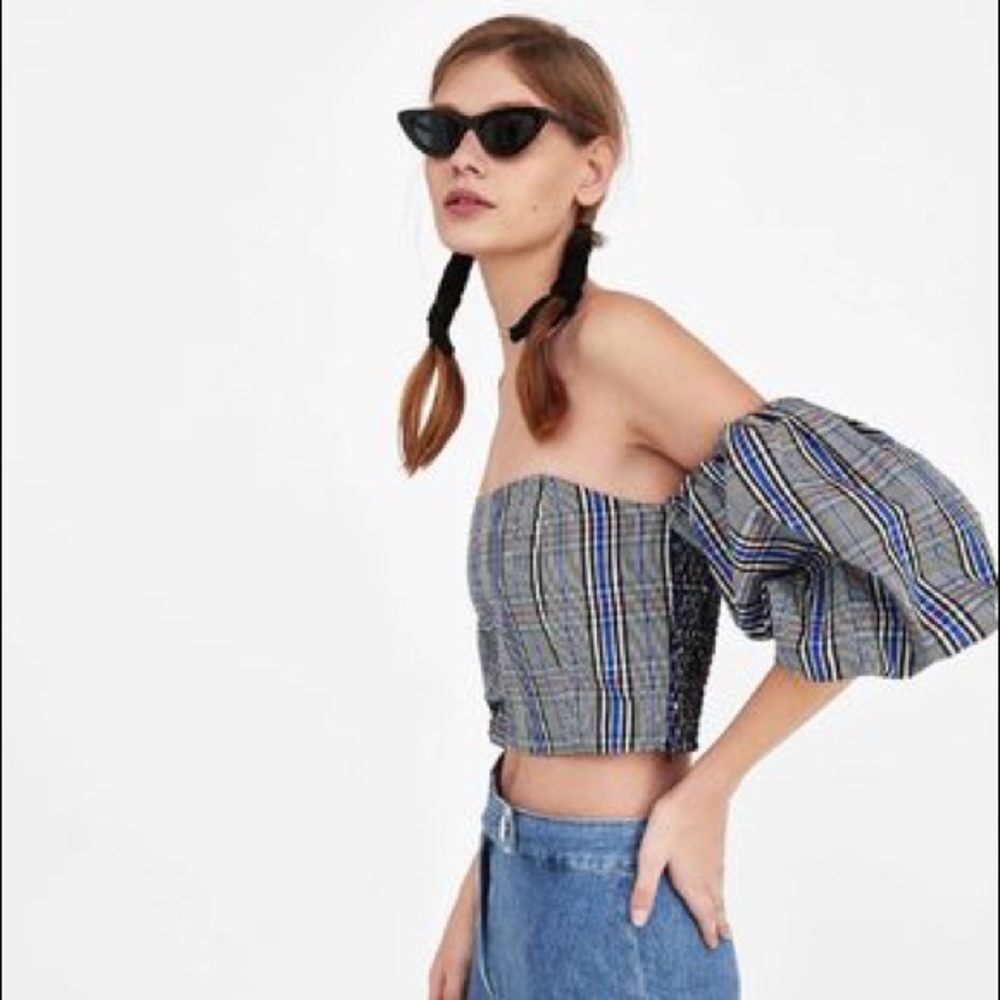 Zara Checked Off Shoulder Puff Sleeves